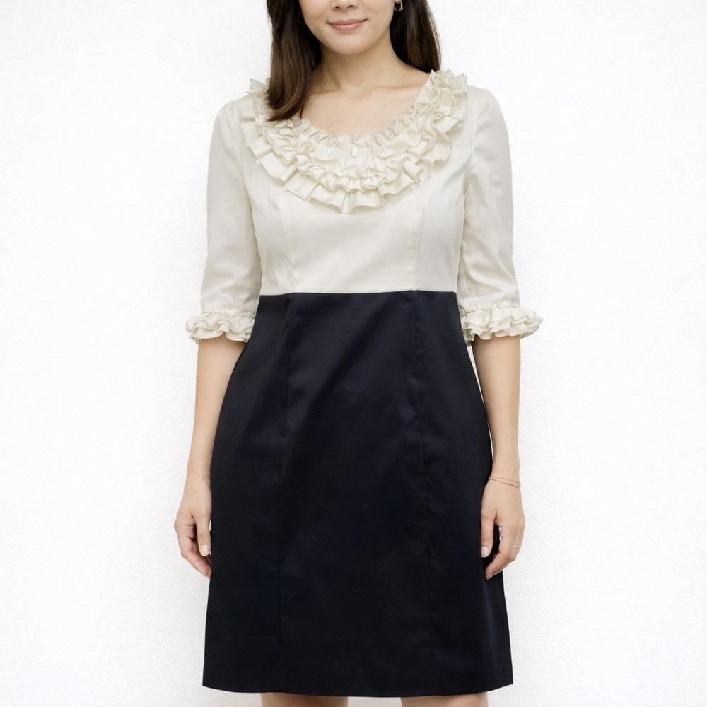 JS Collections Womens Ruffle Dress 12 Black White Knee‎ Length Cocktail Elegant